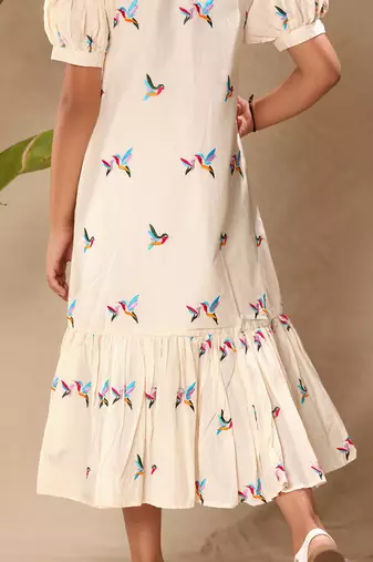 Off embroidered white midi dress with puff sleeves