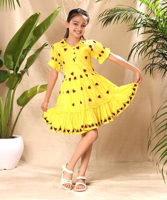 Yellow embroidered fit and flare dress with elasticated puff sleeve 1