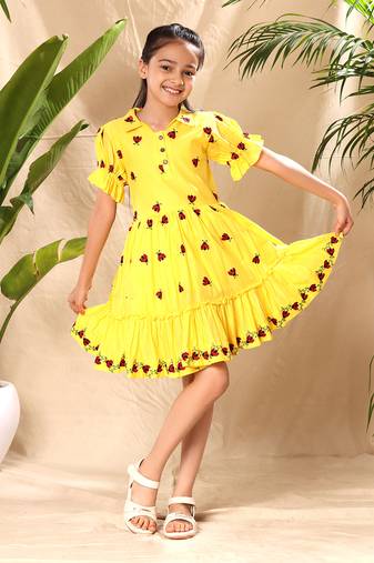 Yellow embroidered fit and flare dress with elasticated puff sleeve
