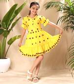 Yellow embroidered fit and flare dress with elasticated puff sleeve
