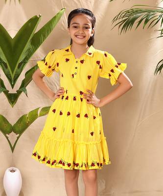 Yellow embroidered fit and flare dress with elasticated puff sleeve 2