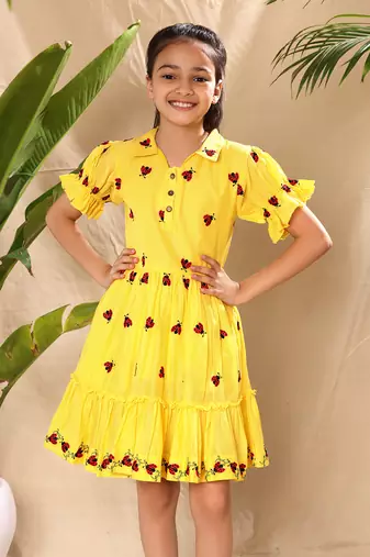 Yellow embroidered fit and flare dress with elasticated puff sleeve