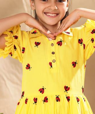 Yellow embroidered fit and flare dress with elasticated puff sleeve 3