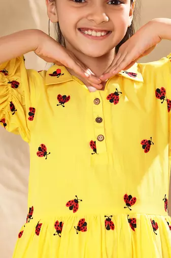 Yellow embroidered fit and flare dress with elasticated puff sleeve