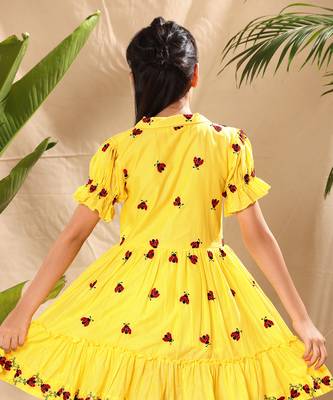 Yellow embroidered fit and flare dress with elasticated puff sleeve 4