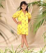 Yellow embroidered a- line collar dress with balloon sleeve