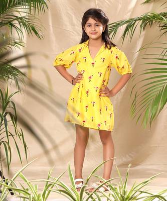 Yellow embroidered a- line collar dress with balloon sleeve 2