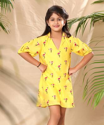 Yellow embroidered a- line collar dress with balloon sleeve 4