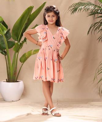 Pink embroidered flutter sleeves fit and flared dress 1