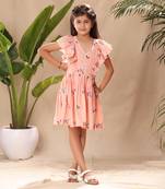 Pink embroidered flutter sleeves fit and flared dress