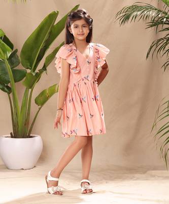 Pink embroidered flutter sleeves fit and flared dress 2