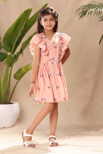 Pink embroidered flutter sleeves fit and flared dress