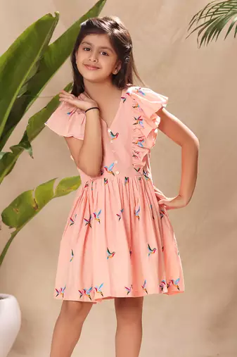 Pink embroidered flutter sleeves fit and flared dress