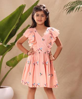 Pink embroidered flutter sleeves fit and flared dress 4