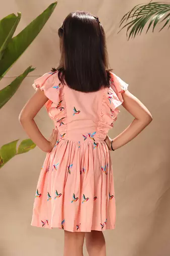 Pink embroidered flutter sleeves fit and flared dress