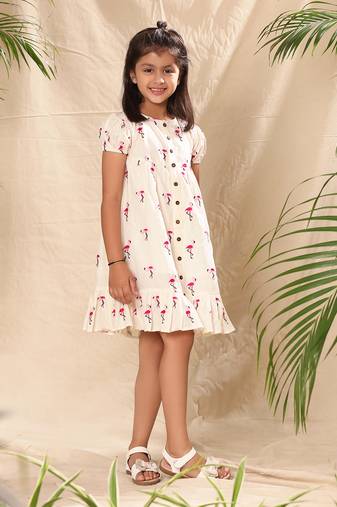 Off white embroidered drop waist front placket dress