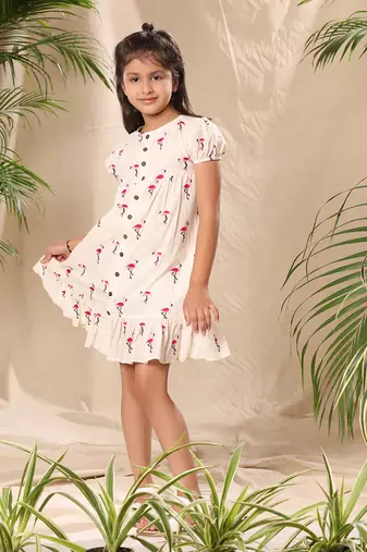Off white embroidered drop waist front placket dress