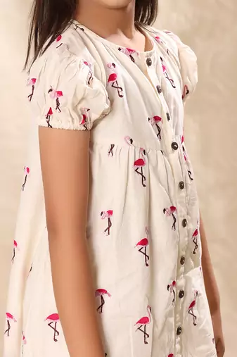 Off white embroidered drop waist front placket dress