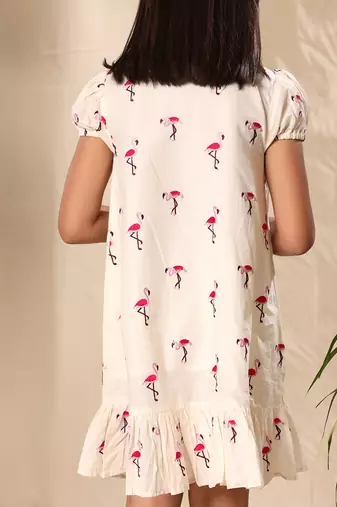 Off white embroidered drop waist front placket dress