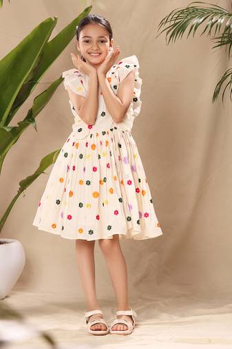 Off white embroidered flutter sleeve fit and flare dress