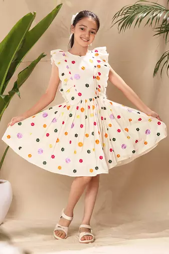 Off white embroidered flutter sleeve fit and flare dress