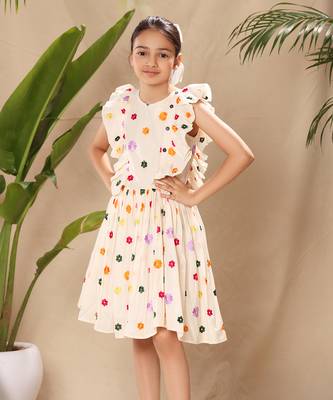 Off white embroidered flutter sleeve fit and flare dress 3