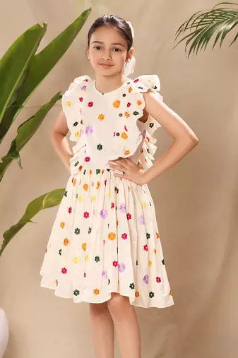 Off white embroidered flutter sleeve fit and flare dress