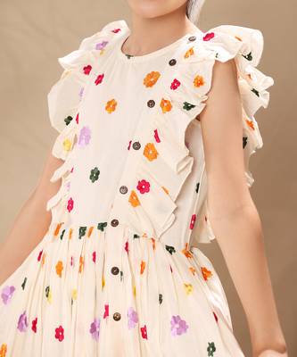 Off white embroidered flutter sleeve fit and flare dress 5