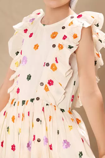Off white embroidered flutter sleeve fit and flare dress