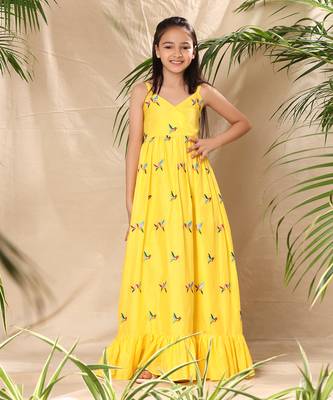 Yellow embroidered maxi dress with bottom tier 1