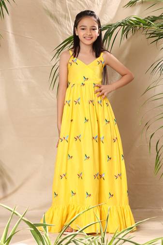 Yellow embroidered maxi dress with bottom tier
