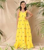 Yellow embroidered maxi dress with bottom tier