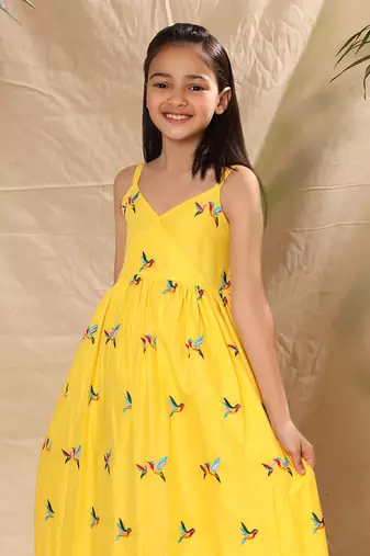 Yellow embroidered maxi dress with bottom tier