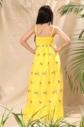 Yellow embroidered maxi dress with bottom tier