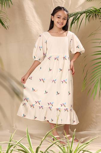 Off white embroidered empire line dress