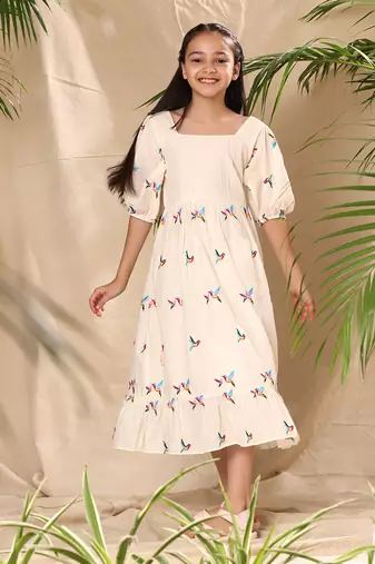 Off white embroidered empire line dress