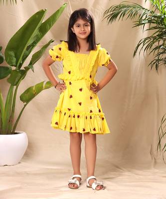 Yellow embroidered fit and flared tier dress with puff sleeves 1