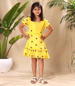 Yellow embroidered fit and flared tier dress with puff sleeves