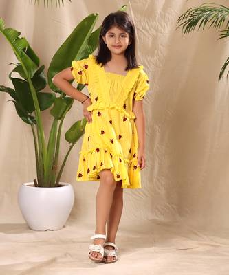 Yellow embroidered fit and flared tier dress with puff sleeves 2