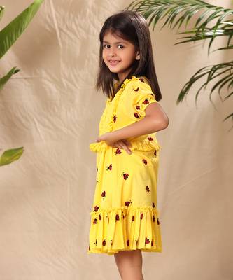 Yellow embroidered fit and flared tier dress with puff sleeves 3