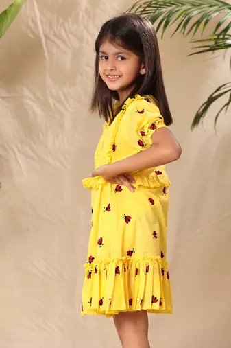 Yellow embroidered fit and flared tier dress with puff sleeves