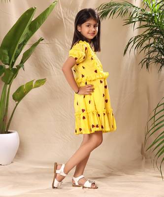 Yellow embroidered fit and flared tier dress with puff sleeves 4