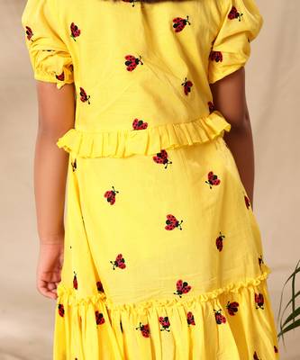 Yellow embroidered fit and flared tier dress with puff sleeves 5