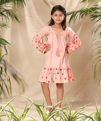 Pink embroidered a-line dress with lantern sleeve 1