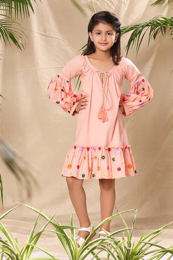 Pink embroidered a-line dress with lantern sleeve