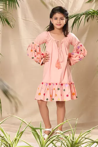 Pink embroidered a-line dress with lantern sleeve