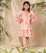 Pink embroidered a-line dress with lantern sleeve