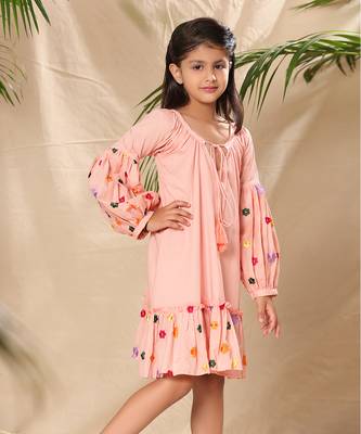 Pink embroidered a-line dress with lantern sleeve 3