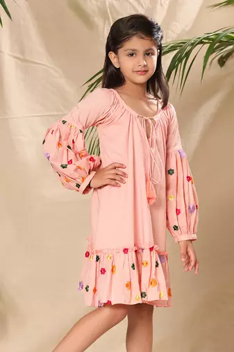 Pink embroidered a-line dress with lantern sleeve