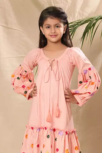 Pink embroidered a-line dress with lantern sleeve